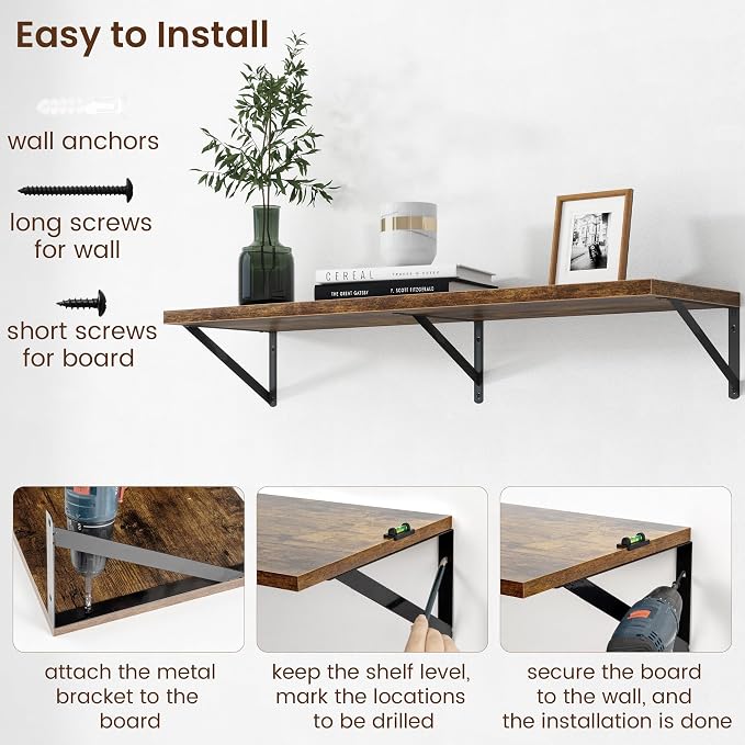 Axeman Deep Floating Shelves - 40 Inch Floating Shelves Set of 2-12 Inch Deep Brown Wood Wall Shelves for Living Room Bathroom Kitchen - Image 6