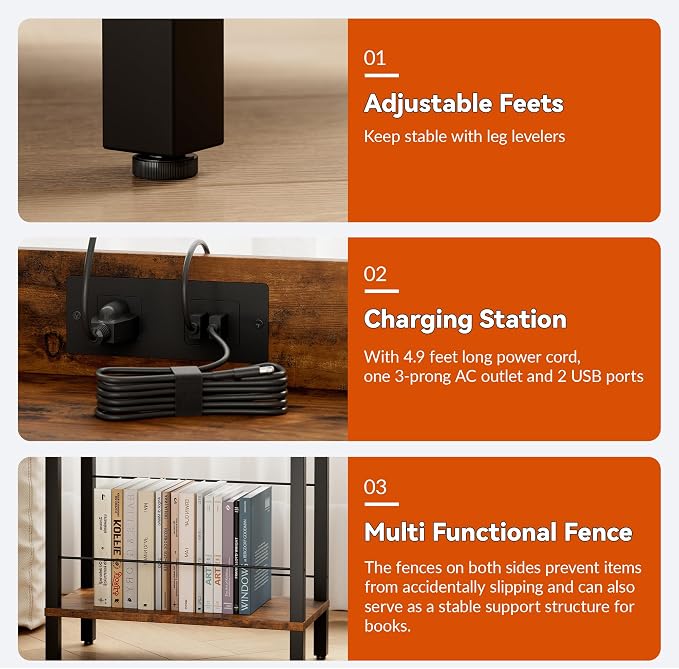 Narrow Nightstand with Charging Station,Rustic Brown Side Table with Outlet - Image 4