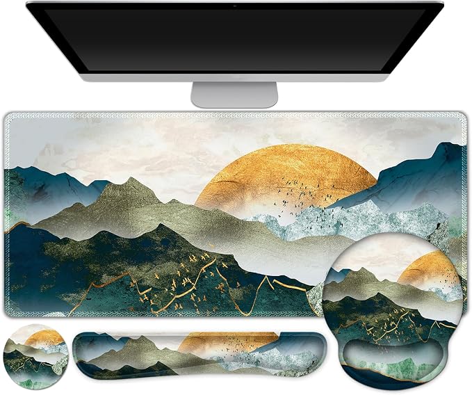 Gaming Mouse Pad, Large Desk Mat, Cute Desk Pad Protector, 4in1 XXL Mousepad +Keyboard Wrist Rest+Mouse Wrist Rest+Coaster Set with Ergonomic Desk Pad for Home Office Table Computer Green Mountain by ToLuLu