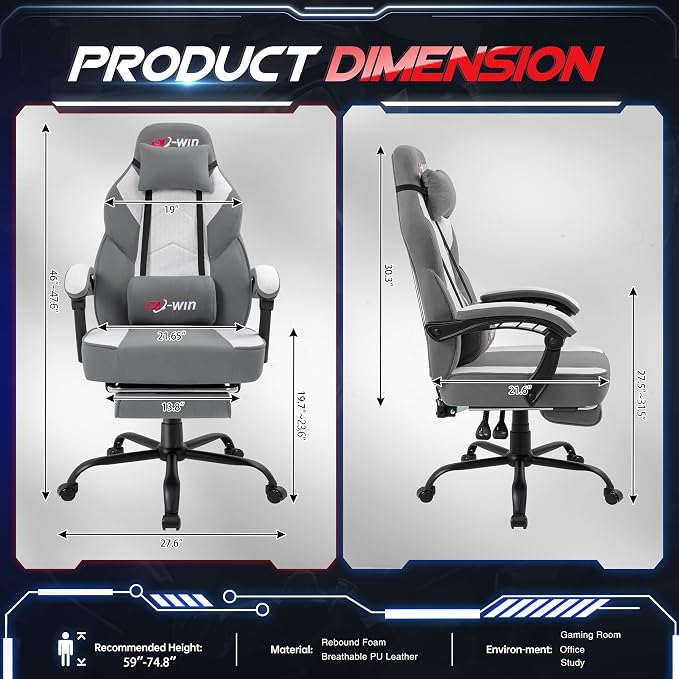 DL-win Gaming Chair for Adults with Footrest & Massage Lumbar Support, Ergonomic High Back Gamer Chair, Adjustable Swivel Computer Gaming Chairs with Headrest and Linkage Armrests,Green (Greige) - Image 3