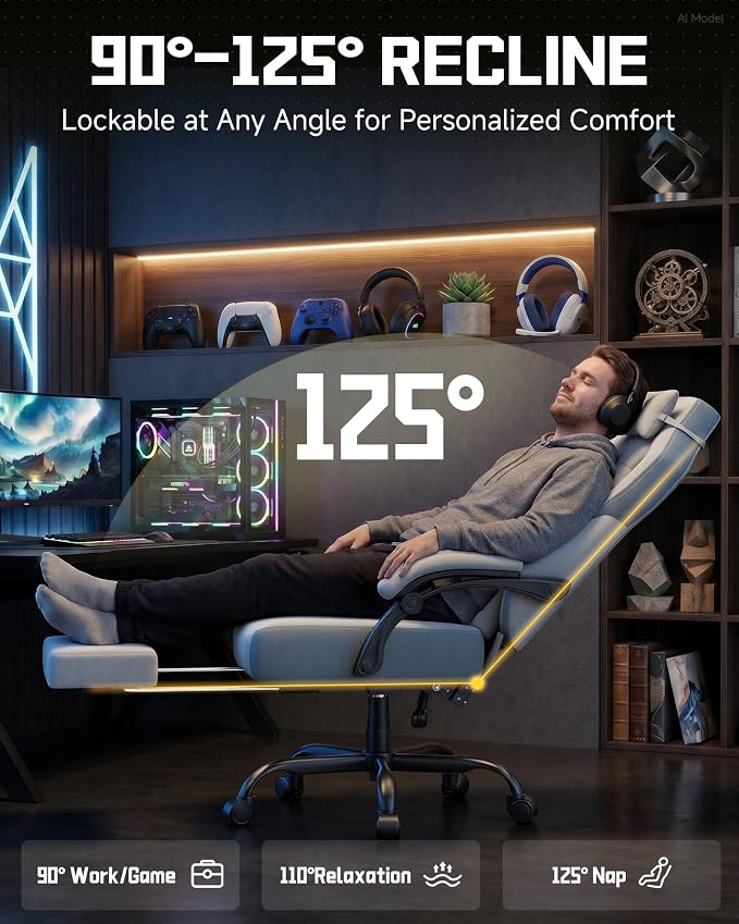 GTPLAYER Big & Tall Gaming Chair, Wide Seat with Footrest, Gray | Ergonomic High Back Computer Desk Chair for Adults, Comfort Padded Seat with Lumbar Support Armrests Recliner for Office/Home - Image 6