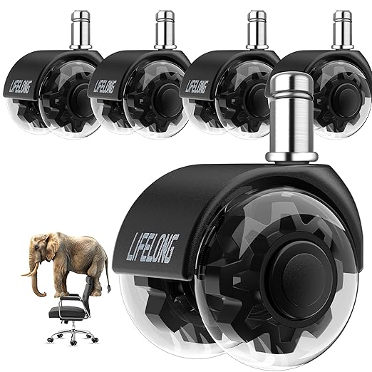 Lifelong Dual Office Chair Wheels Replacement, Heavy Duty, 5-Pack Fits 98% | 2 Inch Original Rubber Caster, Desk Wheels, Smooth & Quiet, Safe for Hardwood Floors & Carpet, Replace Office Chair Mats by LIFELONG