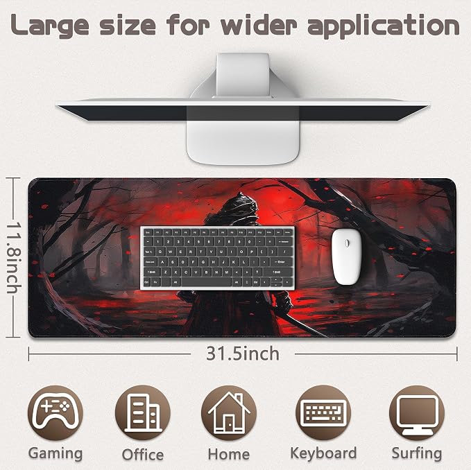 Gaming Mouse Pad - (31.5"×11.8") Japanese Samurai Large Mouse Pads for Desk - Desk Mat for Keyboard and Mouse with Non-Slip Base, Desks Pad Matfor Game/Office & Home - Image 5