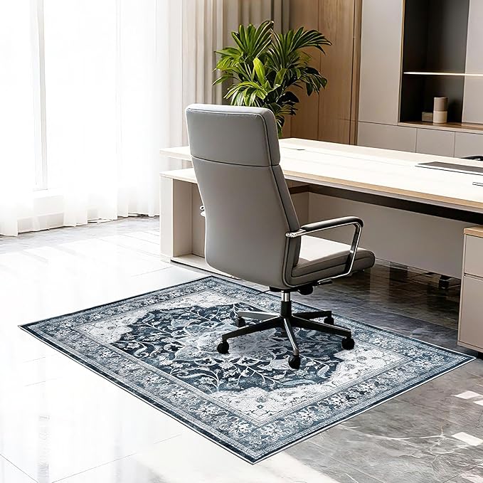 Office Chair Mat for Hardwood Floor & Tile Floor, 36"x48"Anti-Slip Under Desk Carpet Protector for Rolling Computer Chair Mat, Machine Washable Office Area Carpet (Chenille,Blue) by Ufeekare