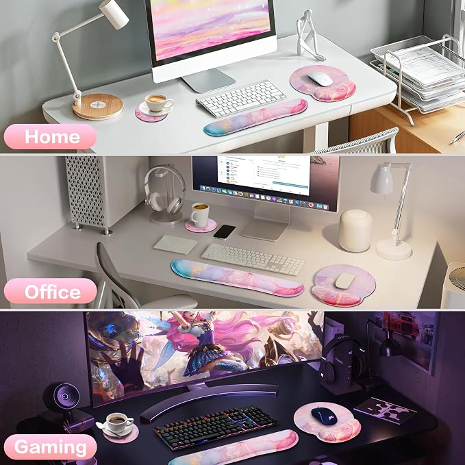 Mouse Pad with Wrist Rest Pink, 3-in-1 Wrist Support Mousepad Set, - Image 7