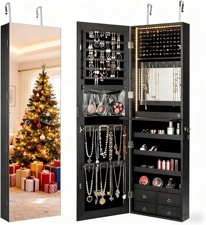 LDAILY 47” LED Jewelry Armoire, Door/Wall Mounted Mirror with Storage, 4 Shelves, 4 Drawers, Full Length Mirror & Flip-up Makeup Tray, Lockable Jewelry Organizer Cabinet for Women & Girls, Gift(Black) by LDAILY