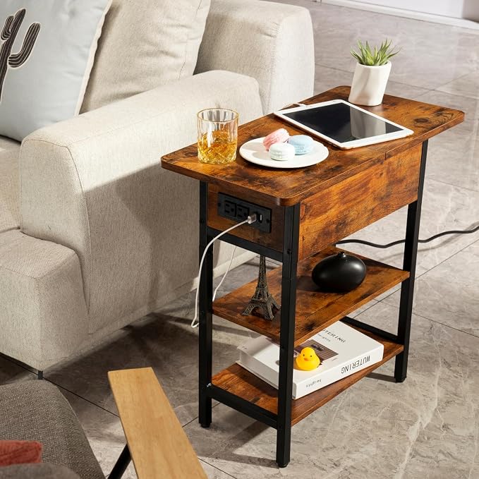 Yoobure End Table with Charging Station, Flip Top Side Table with USB Ports and Outlets, Sofa Couch Table Bedside Table for Living Room Bedroom, Narrow Nightstand with Storage Shelves for Small Space - Image 9