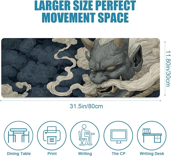 Japanese Gaming Mouse Pad, Large Mousepad XL Extended Demon Desk Mat with Non-Slip Rubber Base, Laptop Big Desk Pad, Computer Keyboard Mat for Gamers, Office&Home, 31.5x11.8in - Image 2