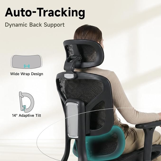 Korser Ergonomic Mesh Office Chair with Footrest, Big and Tall Desk Chair with 4D Flip-Up Arms, Auto-Tracking Lumbar Support, 3D Headrest, High Back Computer Gaming Chair for Home Office, Black - Image 3