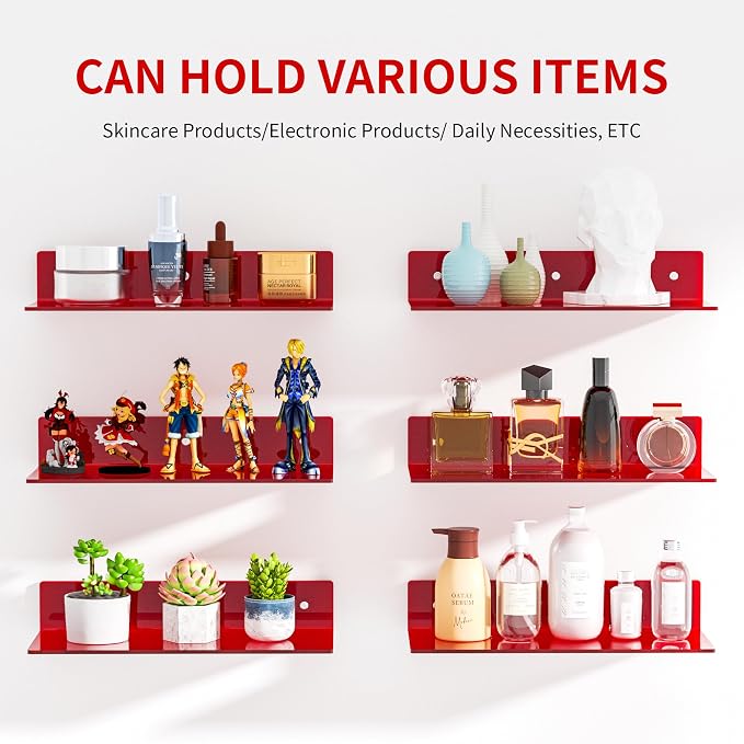Sezanrpt 15 Inches Red Acrylic Shelves, Wall Mounted Shelves for Bedroom, Wall Display Shelves for Collectibles, Funko Pop, Speaker, Plants, 2 Pack - Image 4