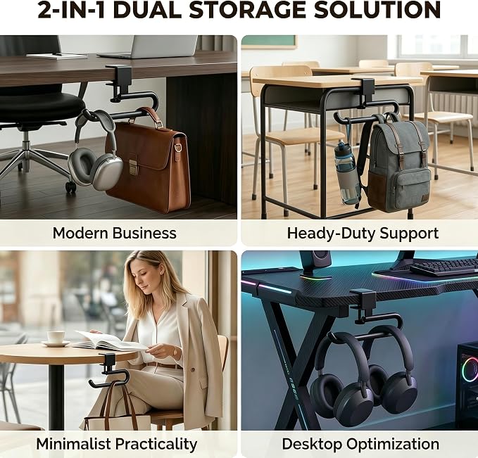 60 lb. Desk Bag Hanger, Purse Hook for Desk, Backpack Hanger for Office Use - Image 5