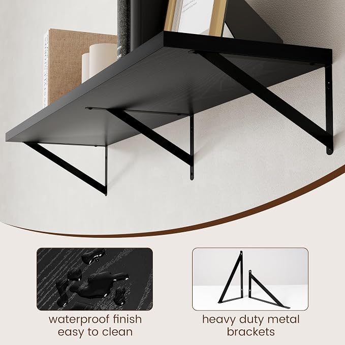 Axeman Floating Shelves for Wall Black- 48 Inch Wide x 12 Inch Deep Wall Shelves Set of 2 - Black Deep Wood Floating Shelves for Living Room Bedroom Laundry Room - Image 5