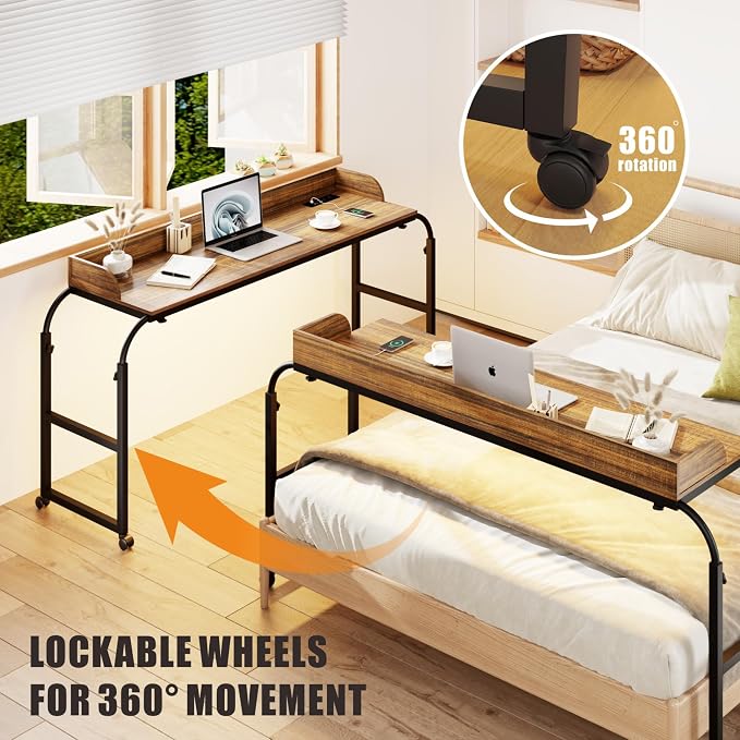 HWB Overbed Desk with Charging Station-Over Bed Table-Adjustable Length/Height with Wheels - Human Sensor LED Light Mobile Queen Size Bed Table Rolling Tray Table for Eating & Laptops, Brown - Image 5