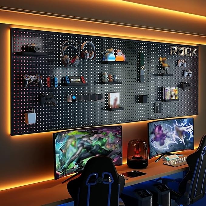 Desk Pegboard Metal Gaming Pegboard Black Peg Board Organizer with 20 Pcs Hooks for Office, Garage Tools, Kitchen, Craft(100x70cm/39x28in) - Image 8