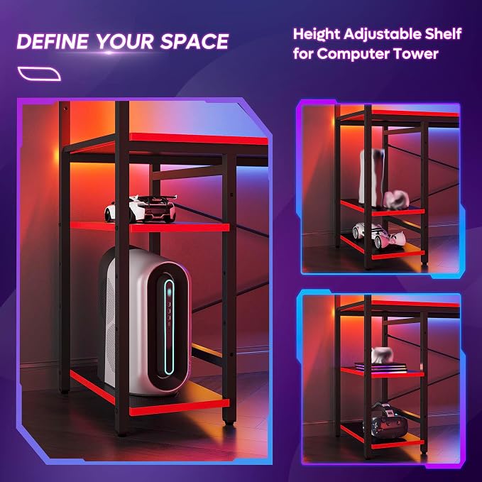 Bestier Gaming Desk with Shelves, 61 Inch Large PC Gaming Table with LED Lights, Led Gamer Desk with 4 Tiers Reversible Storage Shelves for Game & Bedroom Room (Black Grained) - Image 6