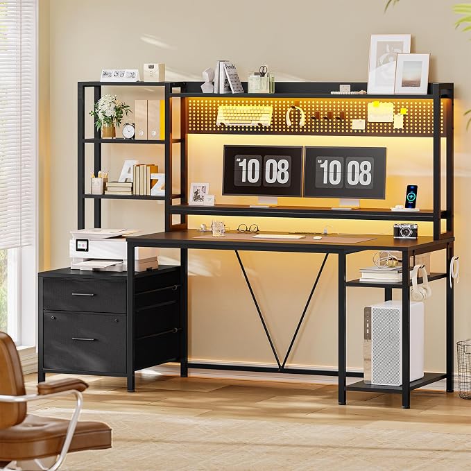 65-inch Gaming Desk with Power Outlets,LED Lights, 4 Storage Shelves,Home Office Desk with Monitor Shelf, Pegboard 8 Hooks Mouse Pad, 2 Drawers, 2 Side Hooks, Black - Image 5