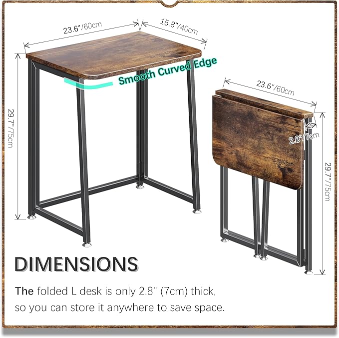 4NM 23.6" Mobile Small Folding Desk, Foldable Rolling Computer Home Office Desk, Study Writing Table for Small Space Saving Bedroom, with Wheels - Rustic Brown and Black - Image 2