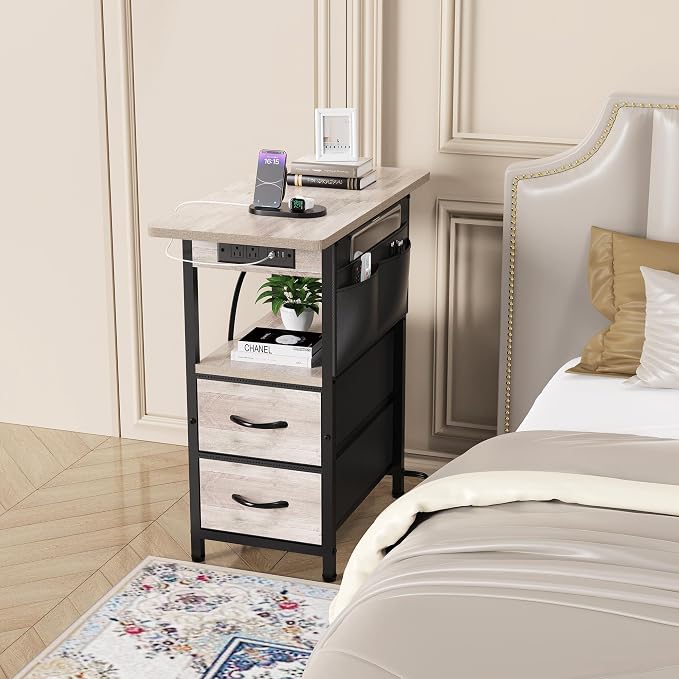 Yenlure Small Side Table with Charging Station, Narrow Nightstand Bedside Tables with Storage Pocket for Living Room Bedroom, Sofa End Table with USB Ports and Power Outlets for Small Spaces, Greige - Image 2