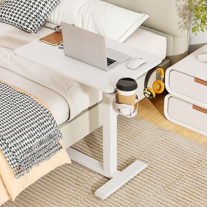 Tangkula Mobile Standing Desk, Pneumatic Height Adjustable Rolling Desk with Cup Holder & Headphone Hook, Overbed Table with Hidden Wheels, Laptop Computer Cart for Couch, Home, Office (White) - Image 4