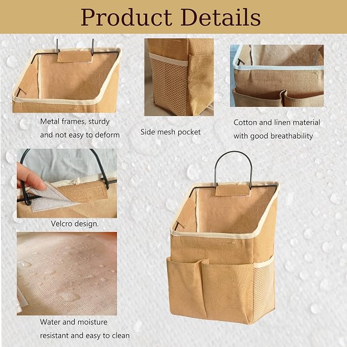 2pcs Wall Hanging Storage Bag,Wall Hanging Organizer Bags with Pockets, Wall Organizer Storage for Dormitory Bathroom Bedroom Kitchen(Dark khaki) - Image 3