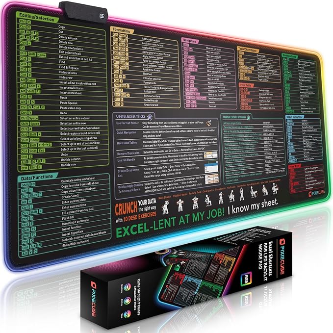 Excel Cheat Sheet LED Desk Pad | Excel Shortcut Keys Mouse Pad - Colorful RGB Luminous Extended Large Gaming Mousepad| PC Office Spreadsheet Keyboard Mat| Non-Slip Stitched Edge Desk Mat by PIXIECUBE