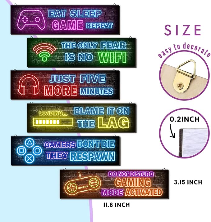 6 Pcs Neon Gaming Decor for Boys Room Wooden Video Game Wall Art - Wall Decor for Boys Kids Room Bedroom Playroom Decorations - Image 2