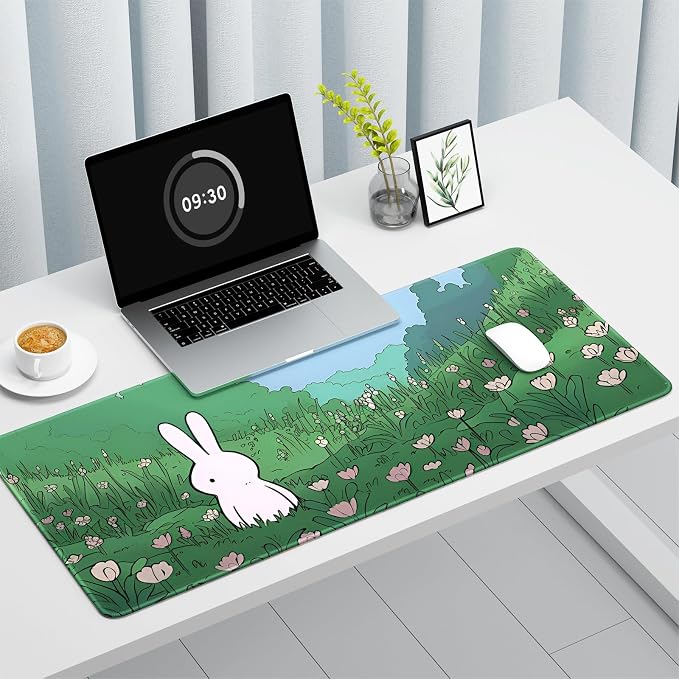 Auhoahsil Ultra Large Gaming Mousepad, XXL Extended Full Size Desktop Matt for Keyboard, Laptop & Computer, 35.5 x 15.7 in, Anime Bunny Green Grass - Image 2