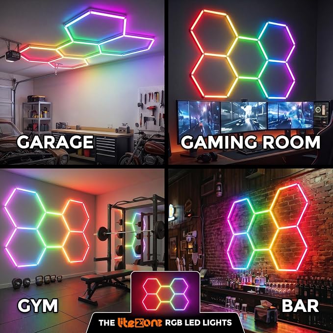 RGB Hexagon Garage Lights 5 Hex, Duplex Signal RGB Led Hexagon Lights with Music Sync Mode, Easy Setup RGB Ceiling Lights for Garage, Gym, Gaming Room, Studio, Party, Bar - Image 9