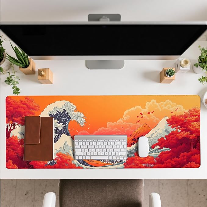 Japanese Sea Wave Mouse Pad Red Desk Mat XL Mouse Gaming Pads, Sea Keyboard Pads Extra Large Desktop Computer Mats with Non-Slip Base & Stitched Edges, Vintage Office Decor 31.5x11.8 - Image 3