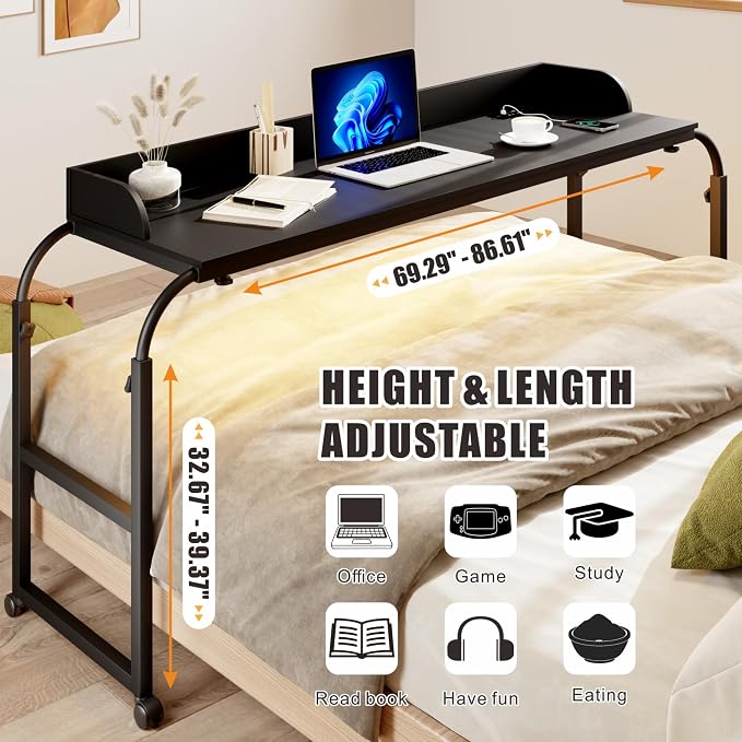 HWB Over Bed Desk with LED Light, Wheels & Charging Station, Black - Image 5