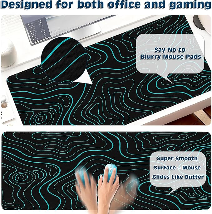 Gaming Desk Mat with Silky Smooth Surface & Exquisite Patterns,31.5x11.8 Inches Large-Sized Mouse Pad, Perfect for Extended Gaming,Work,and Home Office Decor (Blue Topographic Lines) - Image 4