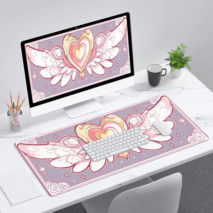 Cute Desk Mat Gaming Mouse Pad Kawaii Pink Anime Star Wings XL Mouse Pad Large Mousepad Extended Laptop Keyboard Mat Gaming Desk Pad Mouse Mat Office Computer Keyboard Laptop Home 31.5"x11.8" - Image 3