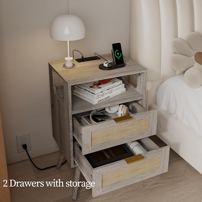 JOONEE Rattan Nightstand with Charging Station,Farmhouse Bedside Table with 2 Storage Drawer and Open Wood Shelf, for Bedroom and Small Spaces,Night Stand with Solid Wood Legs (Grey Oak-Outlet) - Image 4