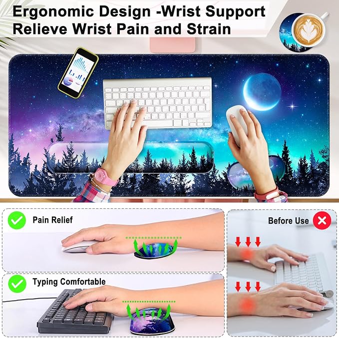 4 in 1 Mouse Pad and Keyboard Wrist Rest,Large Desk Mat,Coaster Set-Forest - Image 2