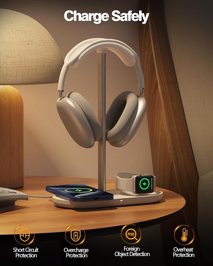 HiWe Headphone Stand, 2-in-1 MagSafe Wireless Charger for iPhone/iWatch | Headset Holder for All Headphones, Aluminum Alloy Bar, ABS Solid Base, PU Headrest, Table Desk Organizer - Image 4