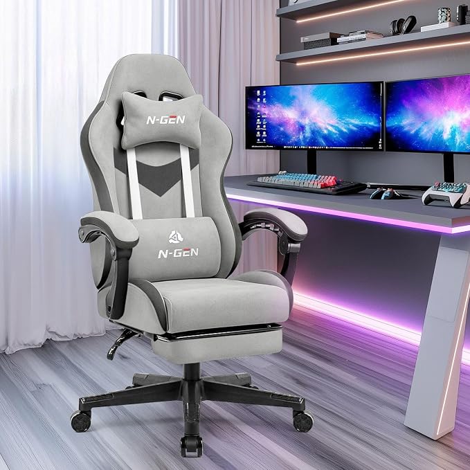 N-GEN GAMING Gaming Chair, Reclining Backrest, Footrest, Fabric, Grey | Ergonomic Design with Reclining Backrest, Linkage Armrests and High-Density Foam, Comfy Seating for Computer or Home Office - Image 2