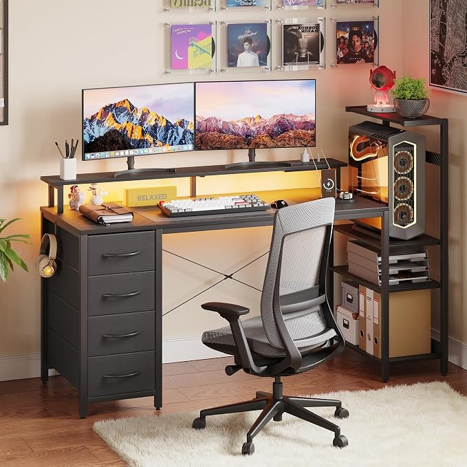 59 Inch Gaming Desk with Drawers & PC Tower Stand & LED Lights, Black - Image 9
