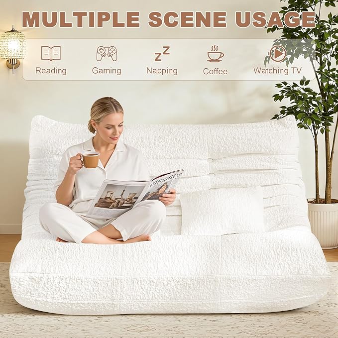 Bean Bag Chair for Adults - Large Bean Bag with Two Pillows, Oversized Boneless Chair with High-Rebound Memory Foam, Lazy Floor Sofa for Reading, Gaming, Living Room, Bedroom (Loveseat, White) - Image 7