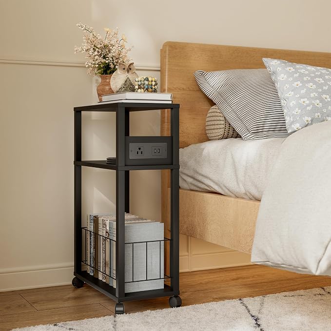 Rolling Side Table with Wheels, Narrow End Table with Charging Station - Image 5