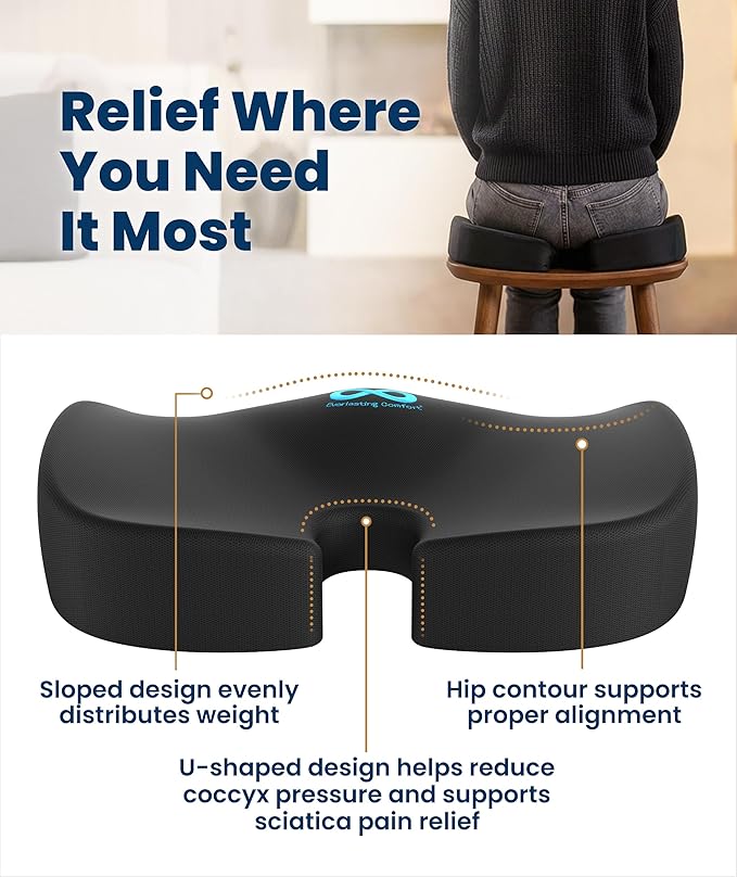 Everlasting Comfort Doctor Recommended Memory Foam Seat Cushion for Office Chairs & Car - Ergonomic Office Desk Accessories - Cushions for Tailbone Pain Relief, Sciatica (Black Airflow, Large) - Image 3