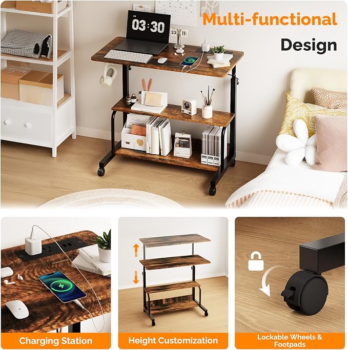 FCH 31.5" Mobile Small Standing Desk, Adjustable Height Mobile Computer Desk, w/2 AC Outlets + 3 USB Ports & Hooks, Storage Shelves, Suitable for Gaming, Studying, Home Office, Vintage Brown - Image 7