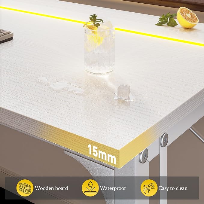DurayLoly 32" Gaming Desk with Waterproof LED Lights for Bedroom,White - Image 9