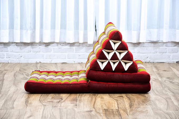 Leewadee - Comfortable Japanese Floor Mattress Used As Thai Floor Bed with Triangle Cushion, Futon Mattress Or Thai Massage Mat, 67 x 21 inches, Green Red | Floor & lounge cushion for relaxing, reading & TV - for meditation & yoga, firm & stable - Image 8