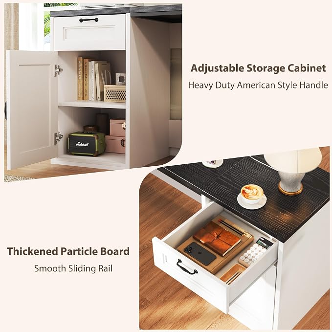 HUAHUU 78" Farmhouse L Shaped Executive Desk with Drawers, Modern Computer Desk with Power Outlets, Office Writing Desk with Monitor Stand & Storage Cabinet, Printer Shelf, Antique White - Image 5