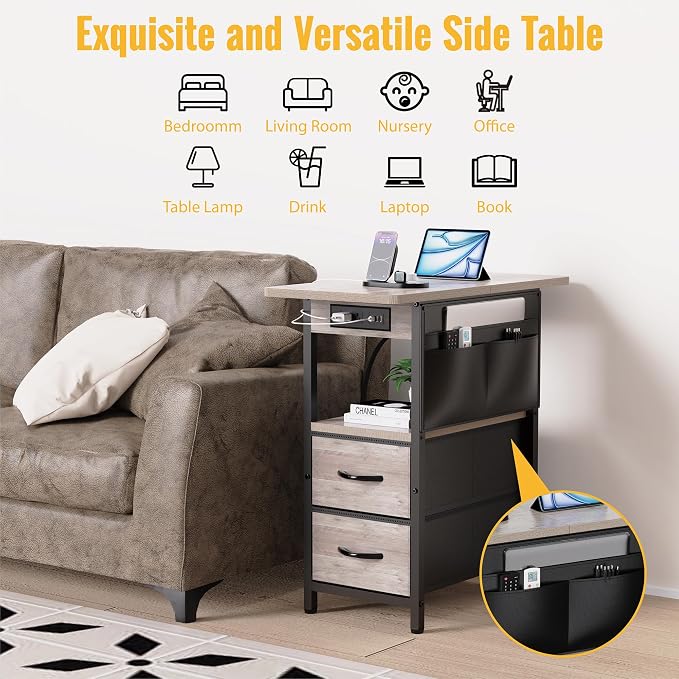 Yenlure Small Side Table with Charging Station, Narrow Nightstand Bedside Tables with Storage Pocket for Living Room Bedroom, Sofa End Table with USB Ports and Power Outlets for Small Spaces, Greige - Image 5