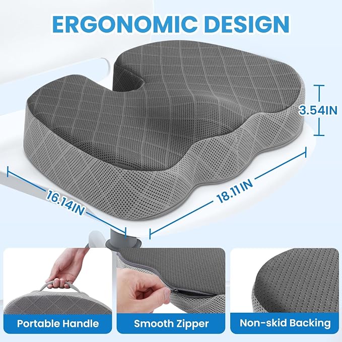 TushGuard Memory Foam Office Chair Seat Cushion - Dark&Light Grey, X-Large | for Car Seat, Airplane, Desk Chair - Sciatica & Hip & Coccyx Pain Relief Cushion for Long Sitting Office Workers, Car Drivers - Image 2