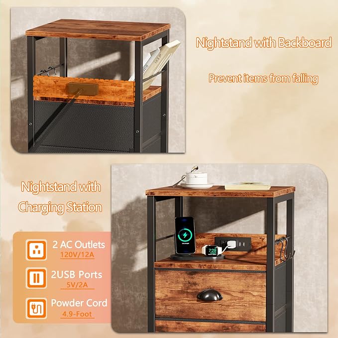 Nightstand with Charging Station for Dorm, 2 Fabric Drawers, Rustic Brown - Image 5