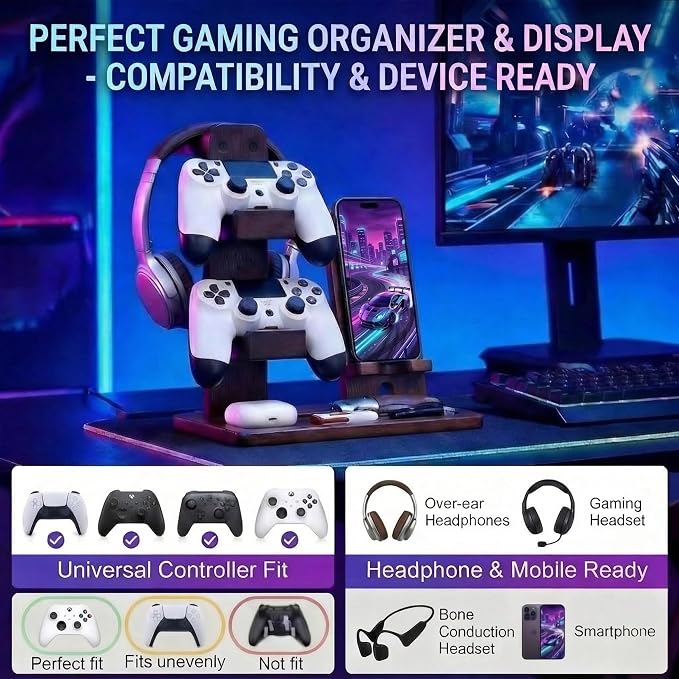 Wooden Headset Controller Stand Controller Holder Gamer Gifts | Controller Stand for Desk | Gaming Controller Organizer Rack, Fits Gamepad, Xbox, PS4, PS5, Gift for Son, Husband, Boyfriend - Image 3