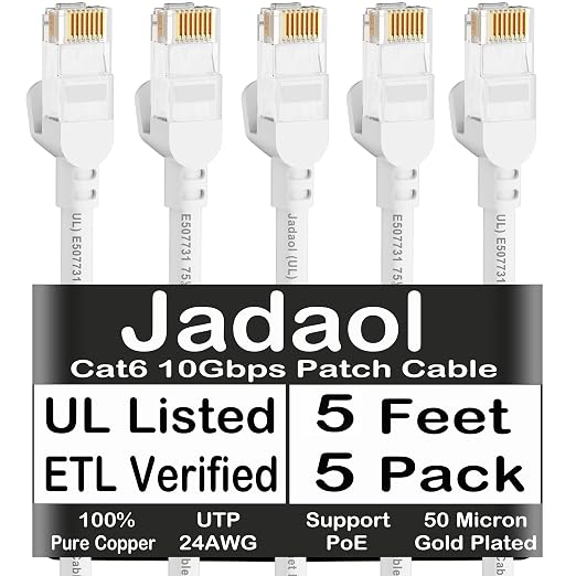 Jadaol [UL Listed] Cat6 Ethernet Cable 5FT 5-Pack 10Gbps 24AWG, White by Jadaol