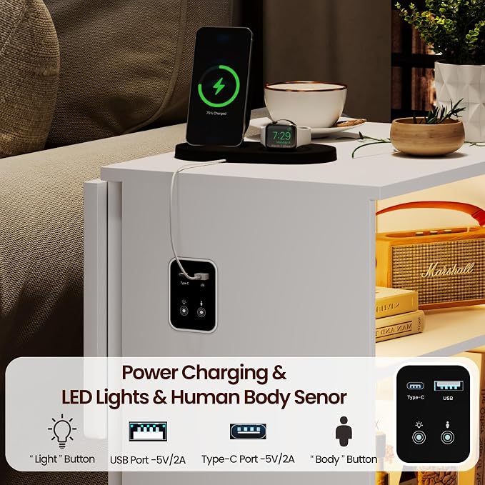 Dystler Rolling Side Table Set of 2 on Wheels, with Charging & LED Lights - Image 5